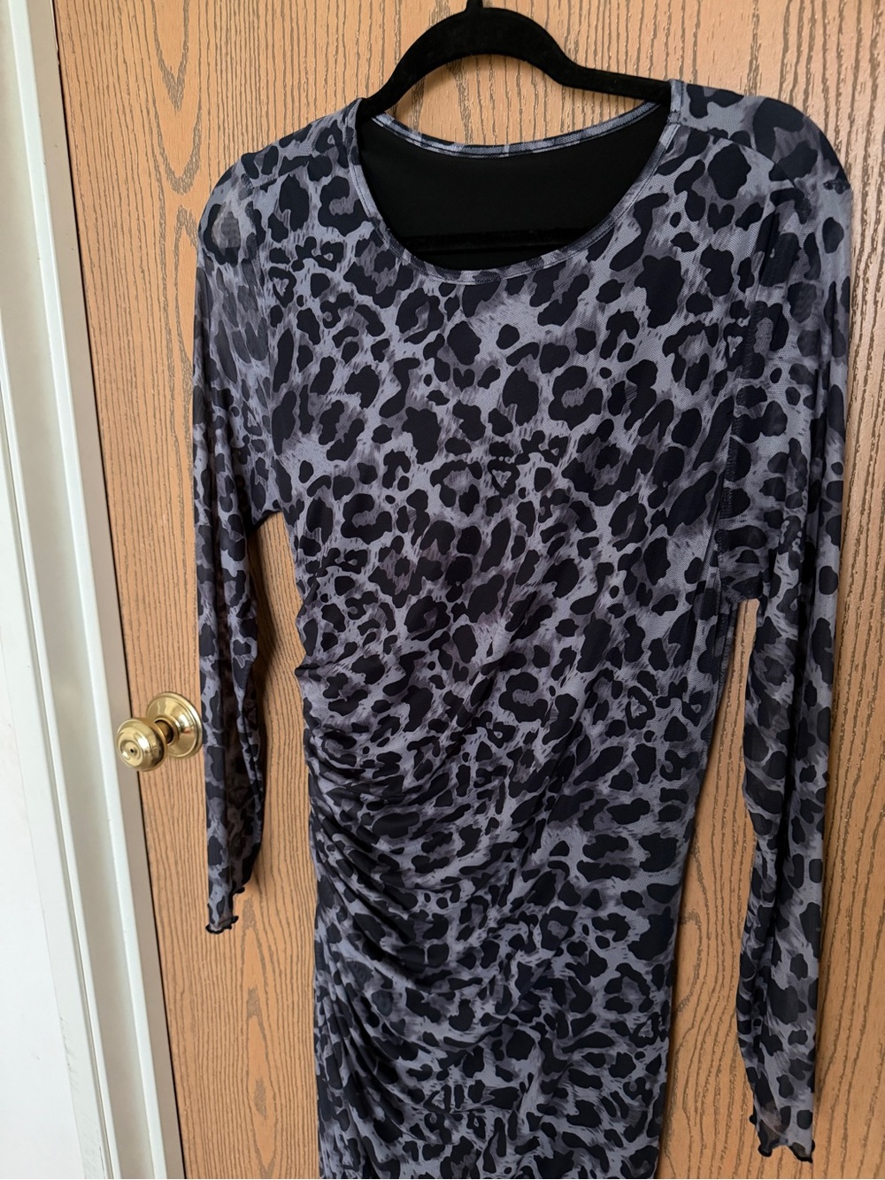 Leopard Print Long Sleeve Ruched Dress in Grey and Black